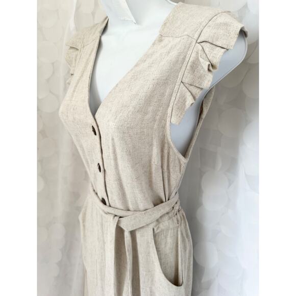 Monteau Los Angeles Linen Blend Small Beige Long button front Dress Cap Sleeves - Picture 6 of 10